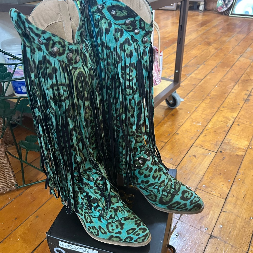 Lucky & Blessed Green Leopard Heeled Boots